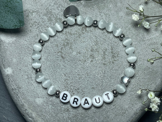 Armband Braut Weiß Cateyeperlen - Geschenk für Junggesellinnenabschied JGA Trauzeugin Brautjungfer Hochzeit - personalisierbar