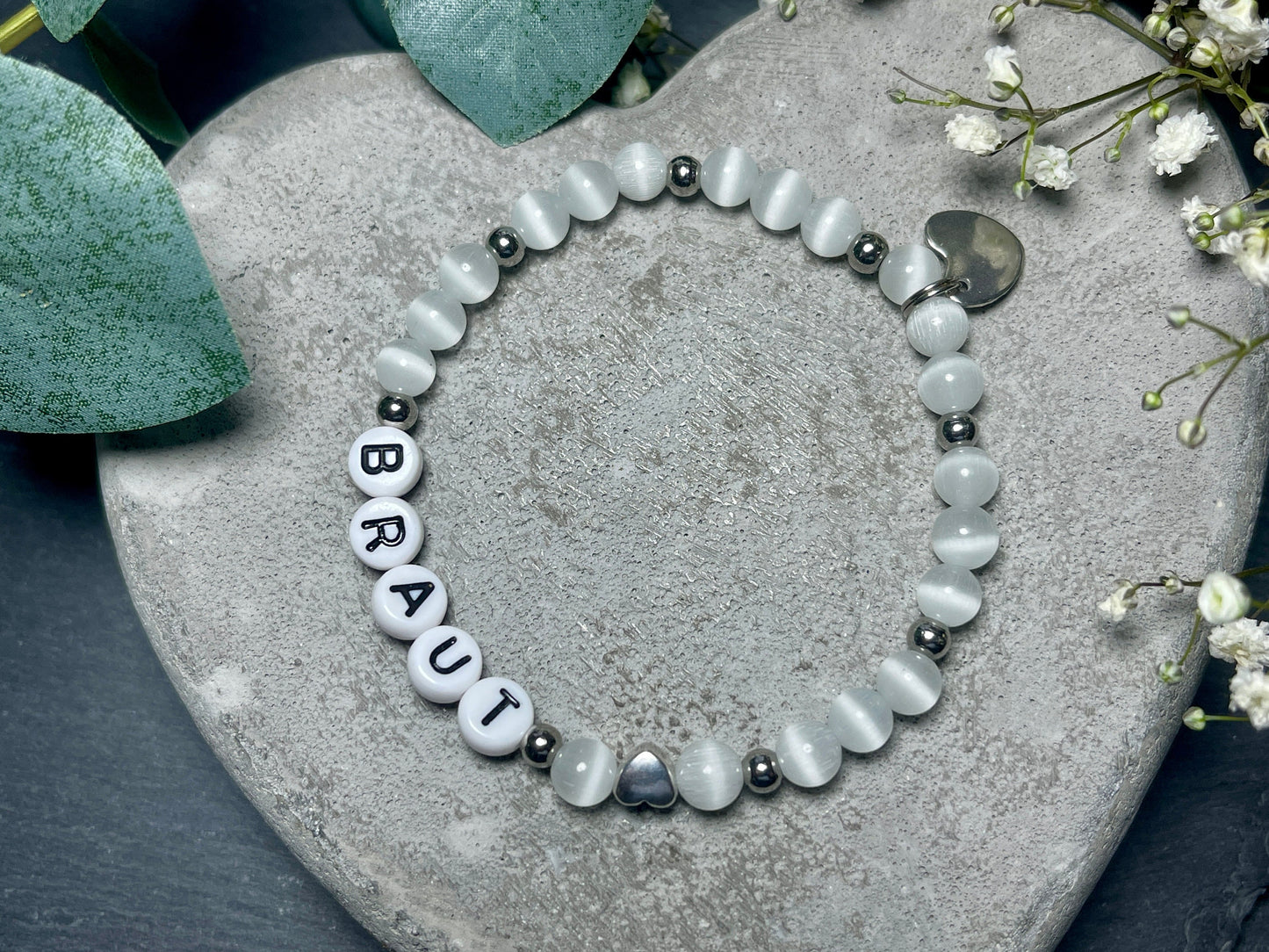 Armband Braut Weiß Cateyeperlen - Geschenk für Junggesellinnenabschied JGA Trauzeugin Brautjungfer Hochzeit - personalisierbar