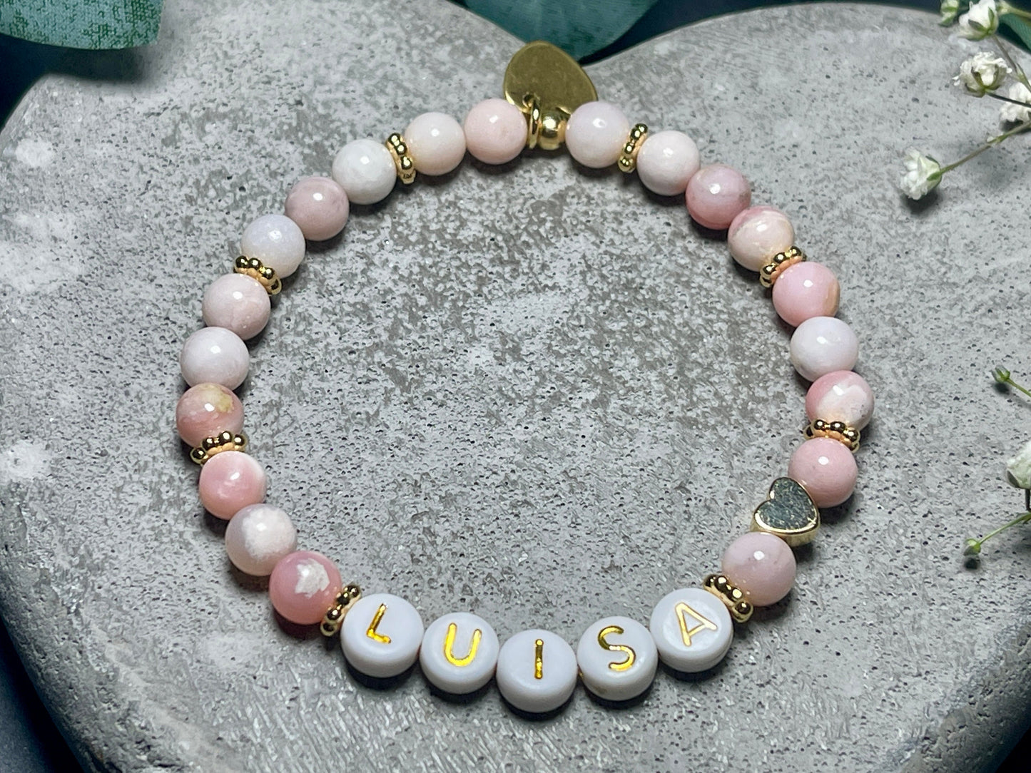 Armband mit Namen Rosa Opal - Kindernamen - Herz echt Vergoldet - Geschenk für Mama Lieblingsmensch Beste Freundin - pesonalisierbar