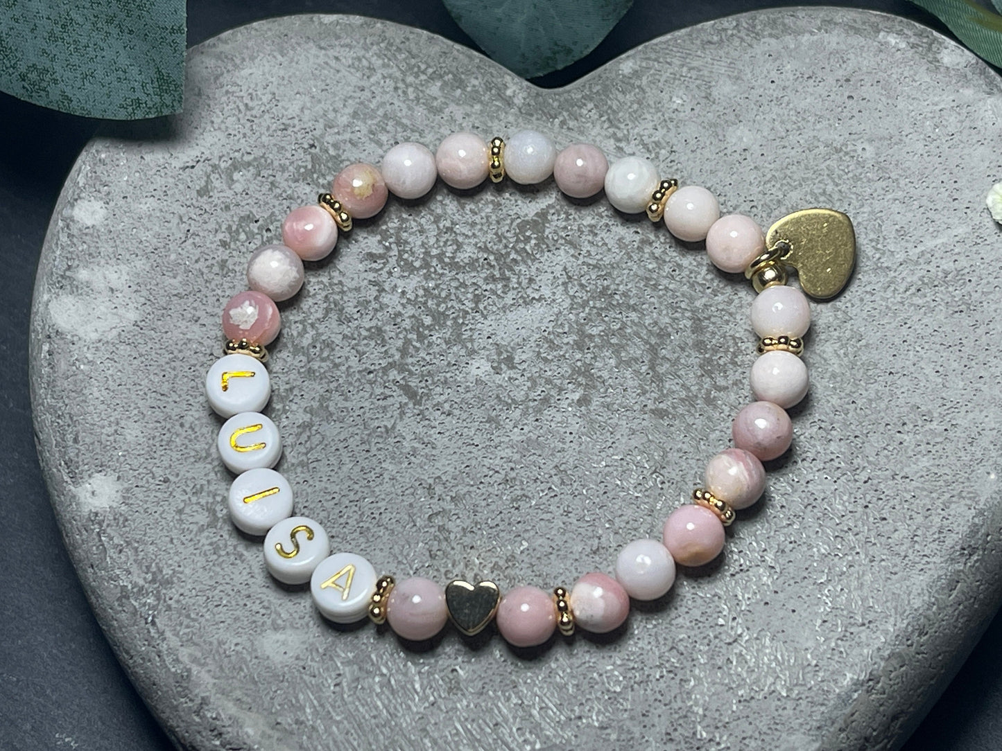 Armband mit Namen Rosa Opal - Kindernamen - Herz echt Vergoldet - Geschenk für Mama Lieblingsmensch Beste Freundin - pesonalisierbar