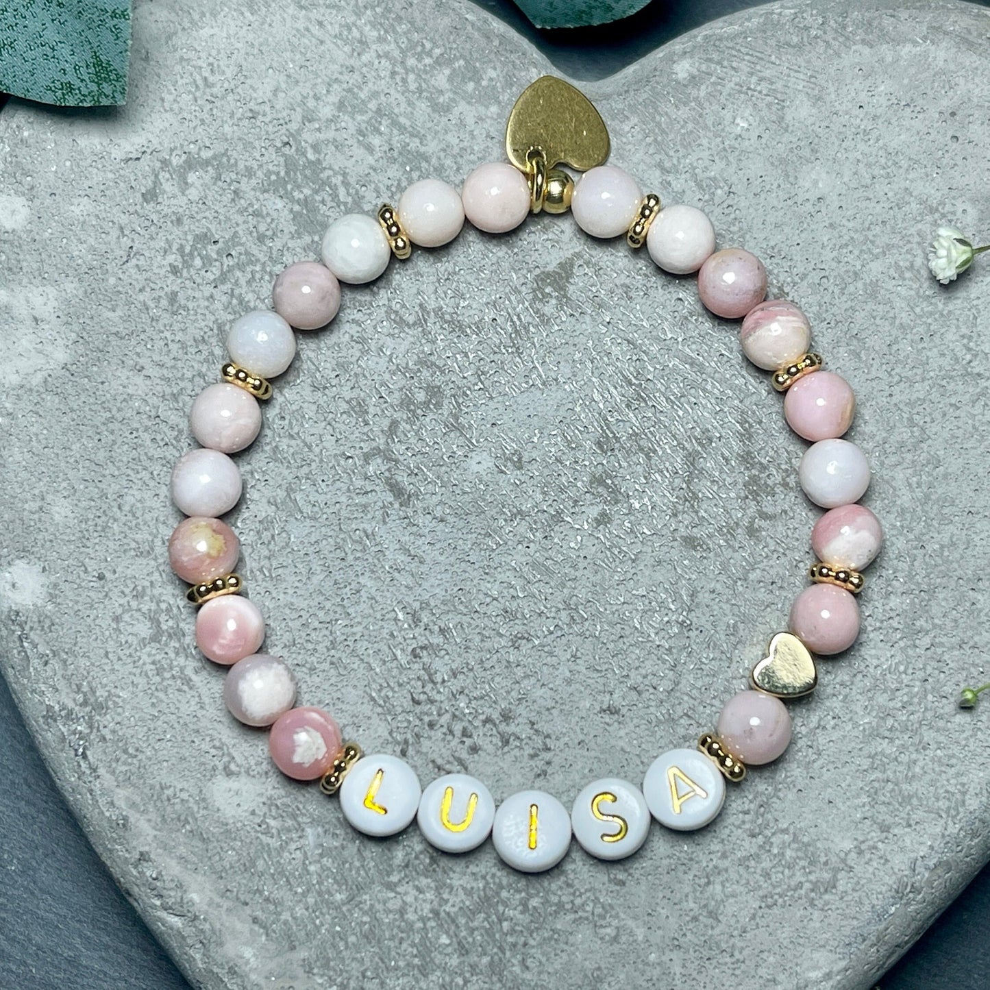 Armband mit Namen Rosa Opal - Kindernamen - Herz echt Vergoldet - Geschenk für Mama Lieblingsmensch Beste Freundin - pesonalisierbar