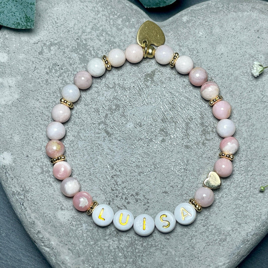 Armband mit Namen Rosa Opal - Kindernamen - Herz echt Vergoldet - Geschenk für Mama Lieblingsmensch Beste Freundin - pesonalisierbar