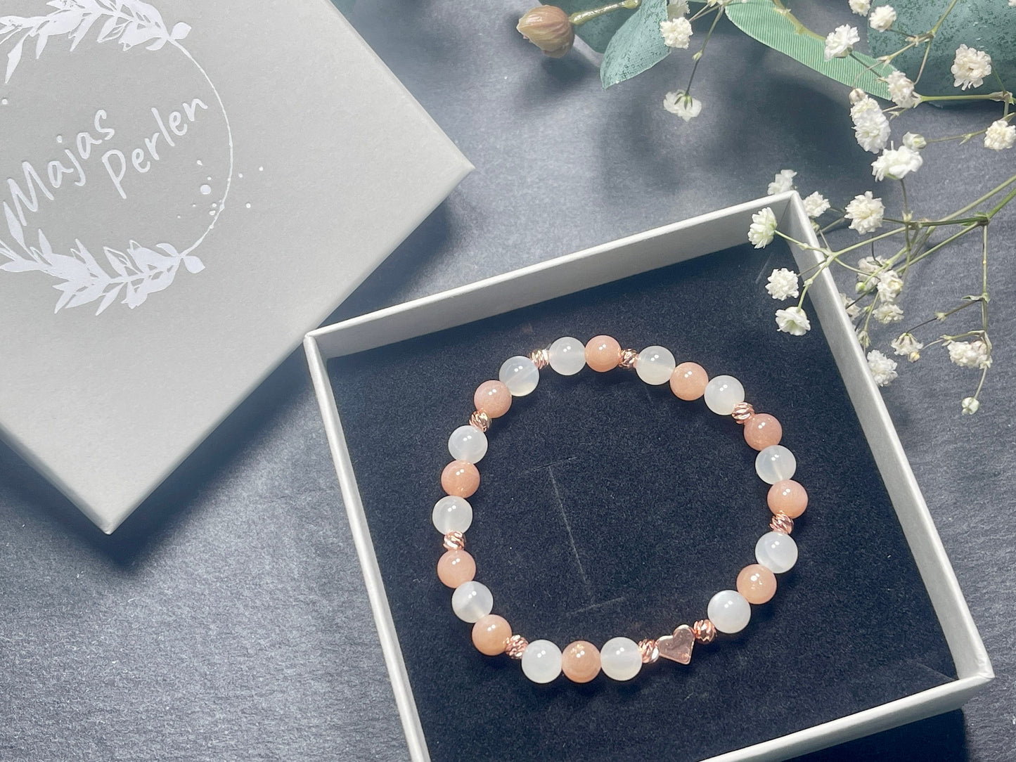 Armband Mondstein Sonnenstein Roségold plated - spirituelles Perlenarmband Freude Optimismus emotionale Balance - Geschenk Lieblingsmensch