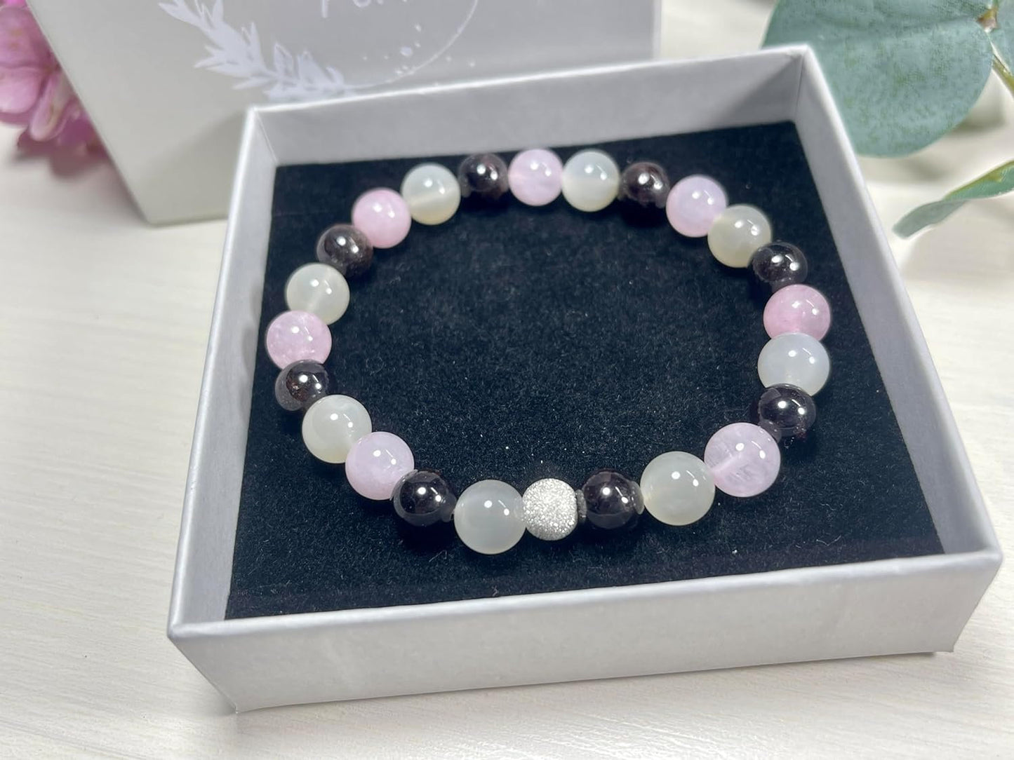 Armband Liebesglück Rosenquarz Mondstein Granat echt 8mm mit 925er Sterling Silber Gold Roségold 7mm facettiert - Handmade Perlenarmband