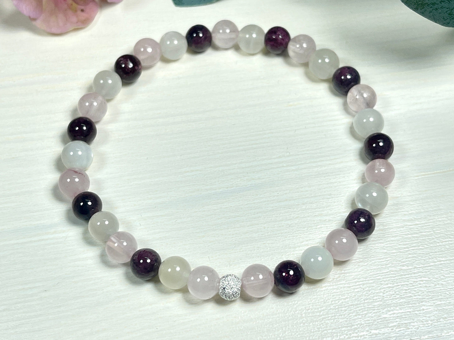 Armband Liebesglück Rosenquarz Mondstein Granat echt 6mm mit 925er Sterling Silber Gold Roségold 5mm facettiert - Handmade Perlenarmband