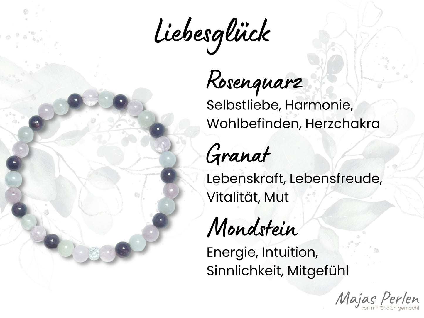 Armband Liebesglück Rosenquarz Mondstein Granat echt 6mm mit 925er Sterling Silber Gold Roségold 5mm facettiert - Handmade Perlenarmband