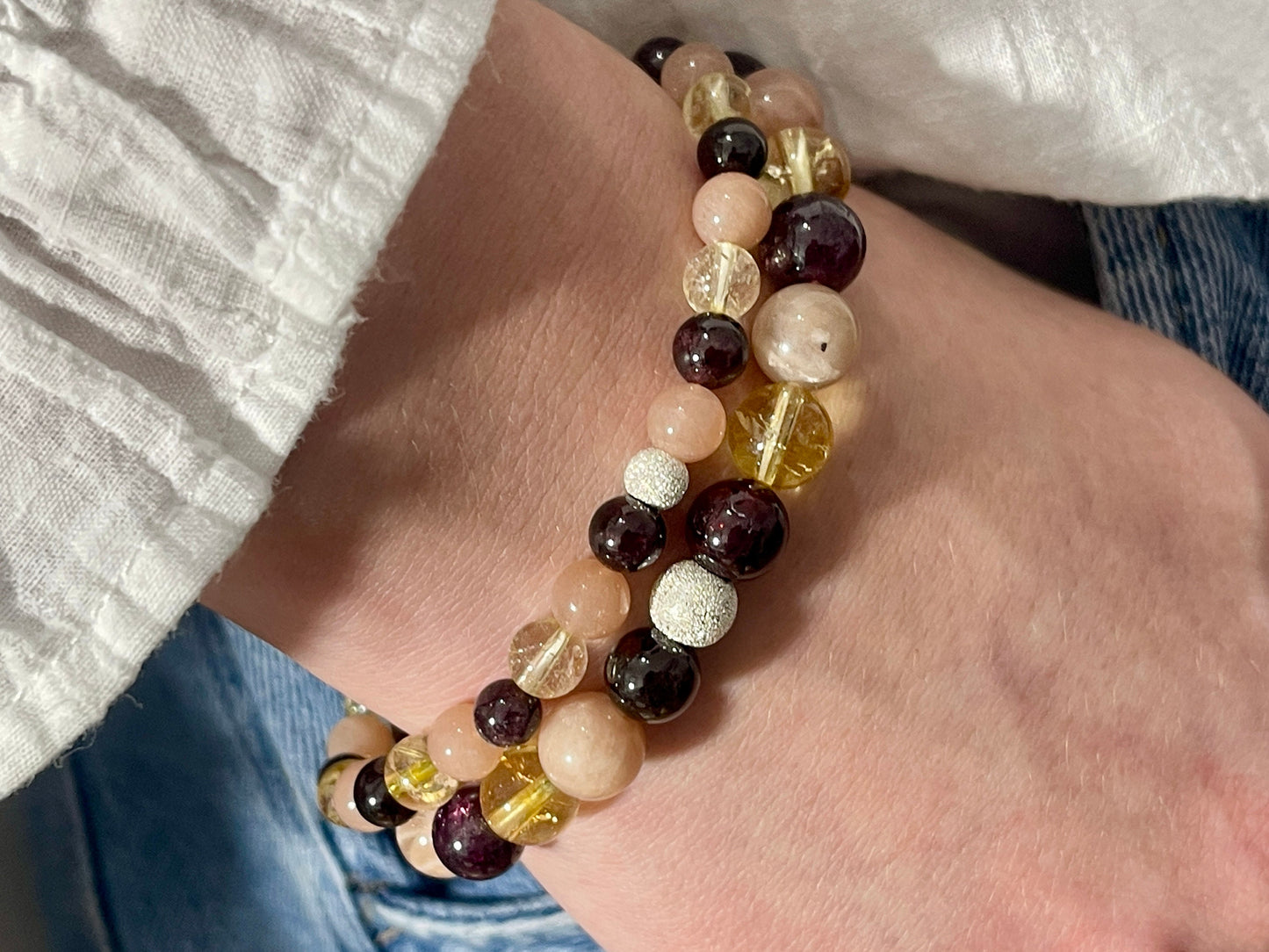 Armband Kreativität Citrin Sonnenstein Granat echt 8mm mit 925er Sterling Silber Gold Roségold 7mm facettiert - Handmade Perlenarmband