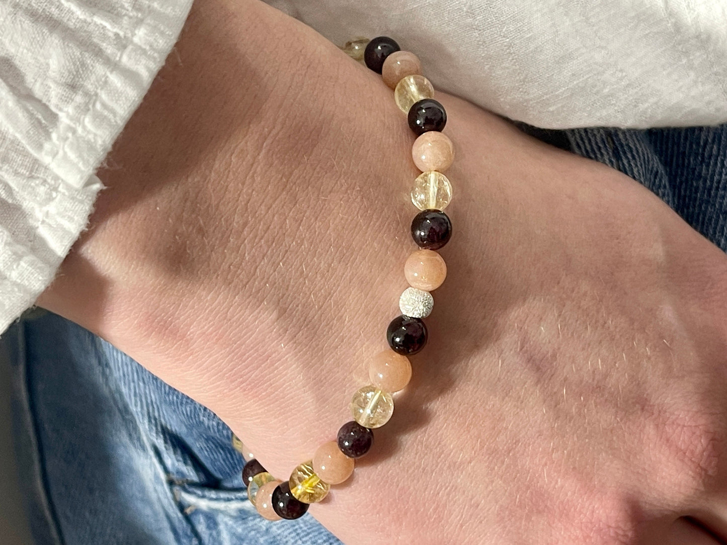 Armband Kreativität Citrin Sonnenstein Granat echt 6mm mit 925er Sterling Silber Gold Roségold 5mm facettiert - Handmade Perlenarmband