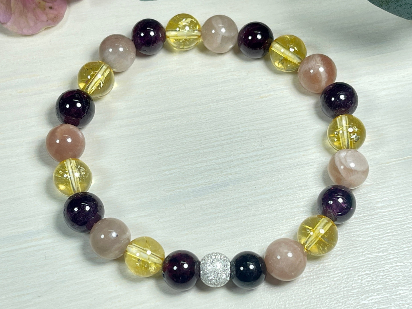 Armband Kreativität Citrin Sonnenstein Granat echt 8mm mit 925er Sterling Silber Gold Roségold 7mm facettiert - Handmade Perlenarmband