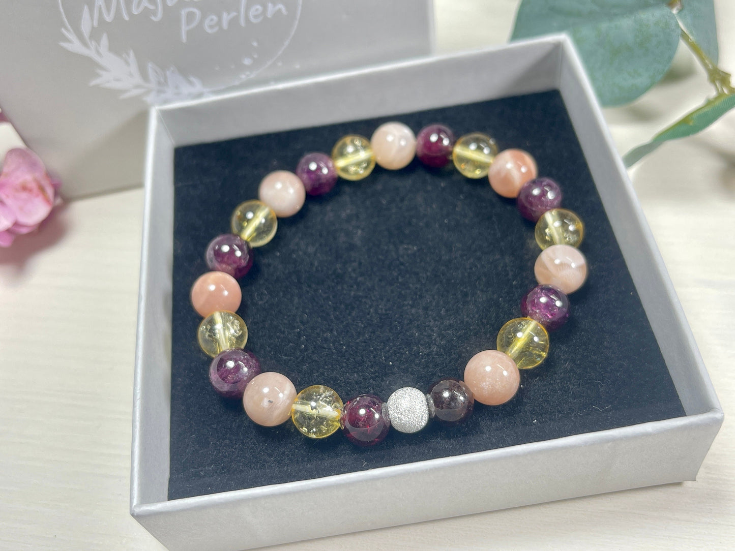 Armband Kreativität Citrin Sonnenstein Granat echt 8mm mit 925er Sterling Silber Gold Roségold 7mm facettiert - Handmade Perlenarmband