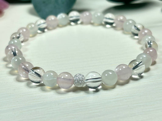 Armband Wechseljahre Mondstein Rosenquarz Bergkristall echt 6mm mit 925er Sterling Silber Gold Roségold 5mm facettiert - Handmade