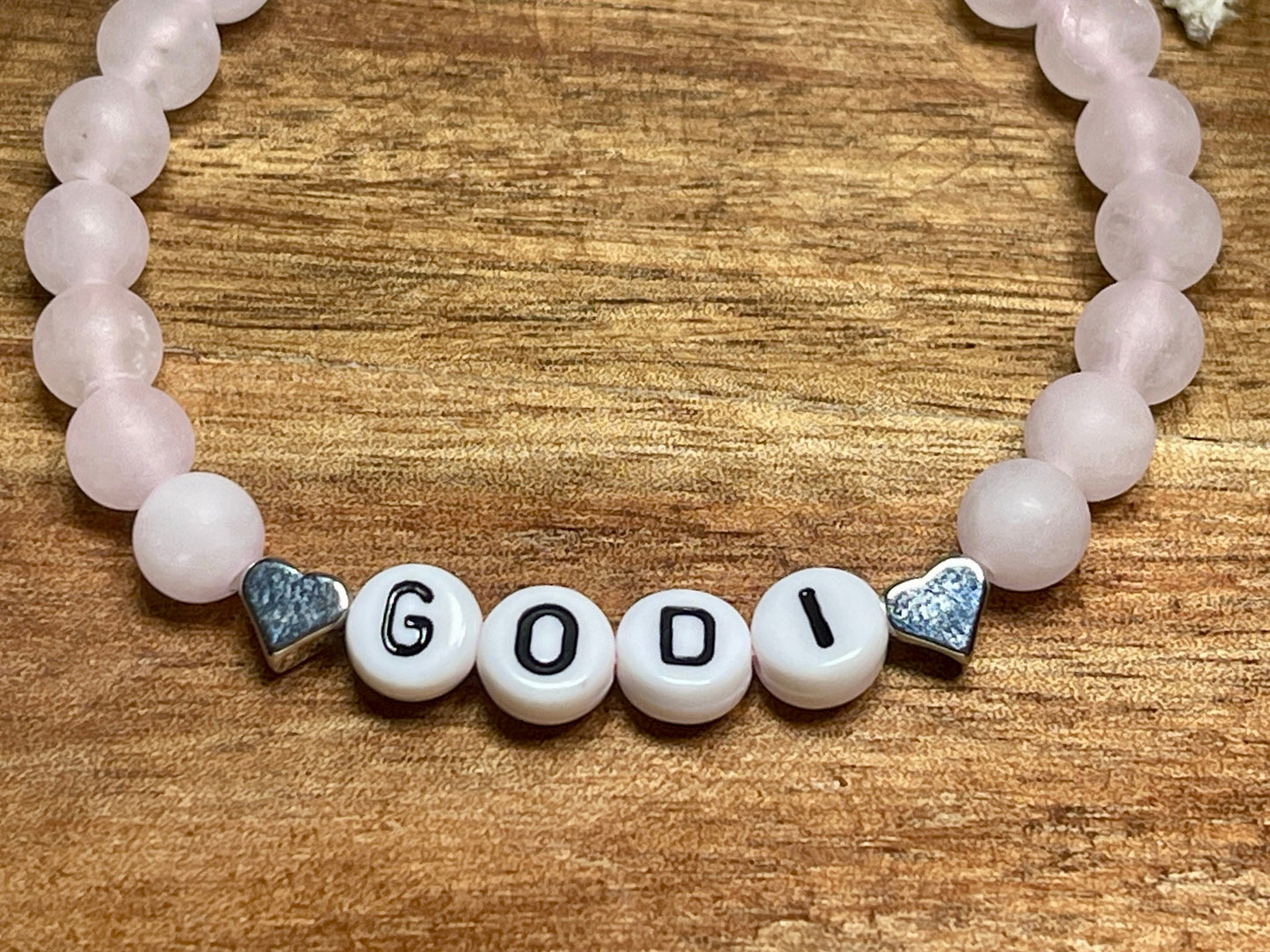 Armband Godi Rosenquarz Herz Platiniert - Geschenk für Patin Patenschaft Taufgeschenk Andenken an Taufe - viele Edelsteine personalisierbar