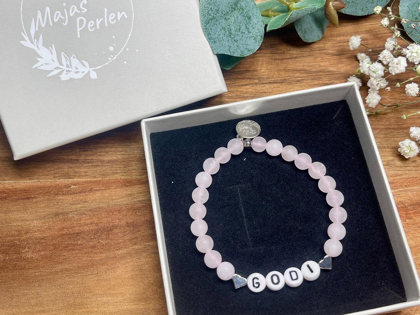 Armband Godi Rosenquarz Herz Platiniert - Geschenk für Patin Patenschaft Taufgeschenk Andenken an Taufe - viele Edelsteine personalisierbar