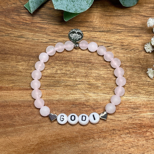 Armband Godi Rosenquarz Herz Platiniert - Geschenk für Patin Patenschaft Taufgeschenk Andenken an Taufe - viele Edelsteine personalisierbar