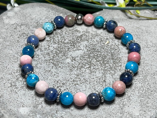 Armband Apatit Rhodonit und Dumortierit Perlen echt Platiniert - spirituelles Perlenarmband Geduld Gelassenheit Kreativität - Geschenk Liebe