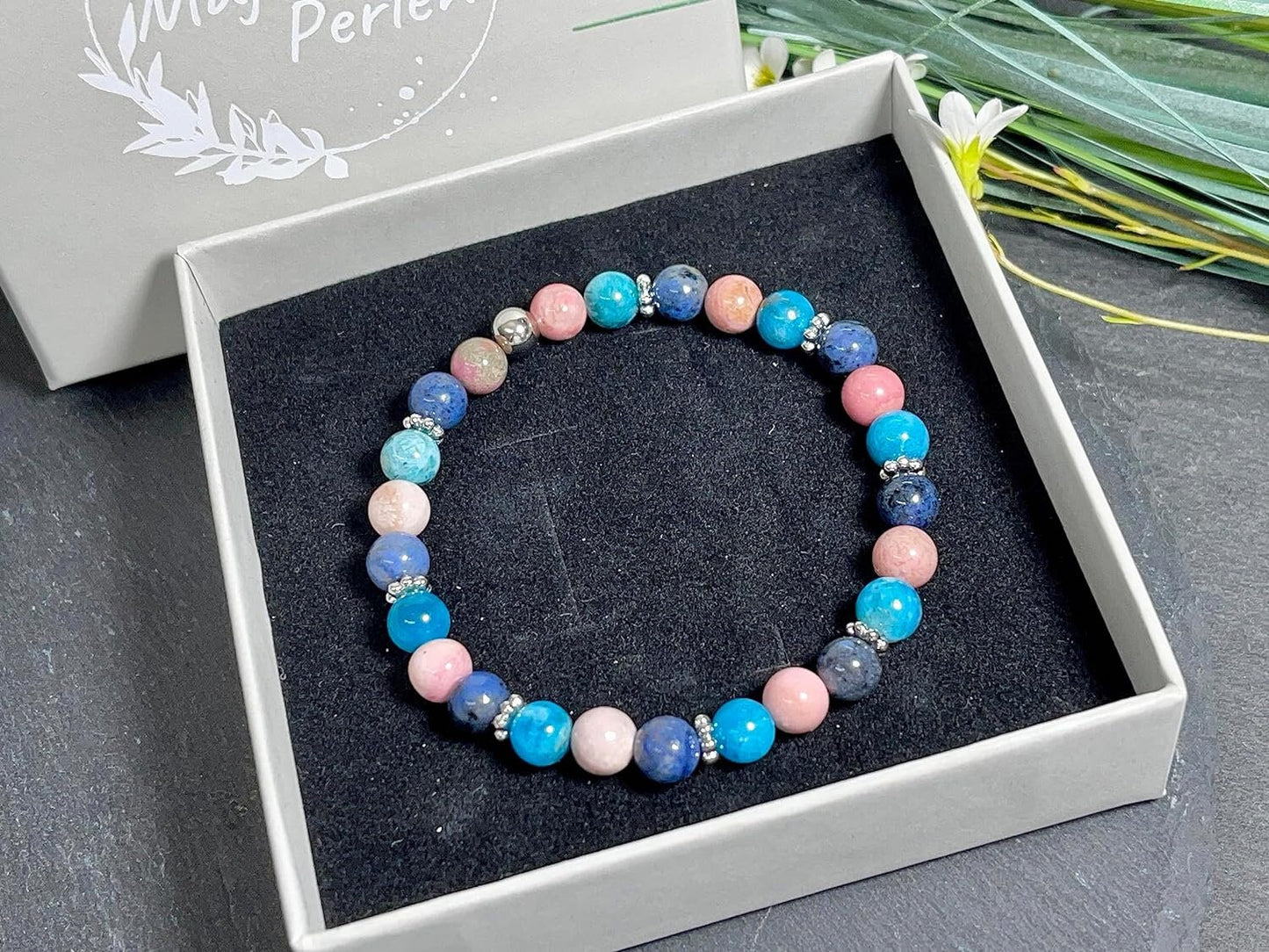 Armband Apatit Rhodonit und Dumortierit Perlen echt Platiniert - spirituelles Perlenarmband Geduld Gelassenheit Kreativität - Geschenk Liebe