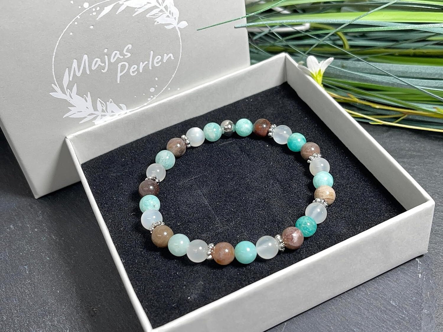 Armband Amazonit Versteinertes Holz Mondstein Perlen echt Platiniert - spirituelles Perlenarmband emotionale Balance Erdung Stabilität