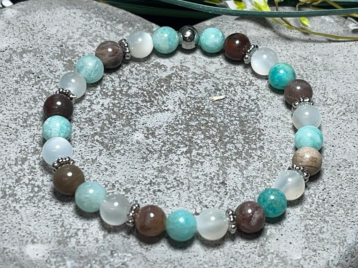 Armband Amazonit Versteinertes Holz Mondstein Perlen echt Platiniert - spirituelles Perlenarmband emotionale Balance Erdung Stabilität