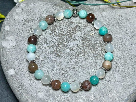 Armband Amazonit Versteinertes Holz Mondstein Perlen echt Platiniert - spirituelles Perlenarmband emotionale Balance Erdung Stabilität