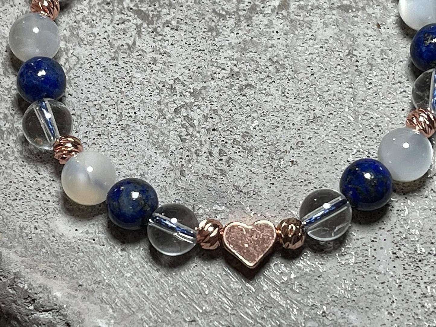 Armband Mondstein Bergkristall Lapislazuli Makramee Facettenperlen Roségold plated - spirituelles Perlenarmband innere Ruhe Stabilität