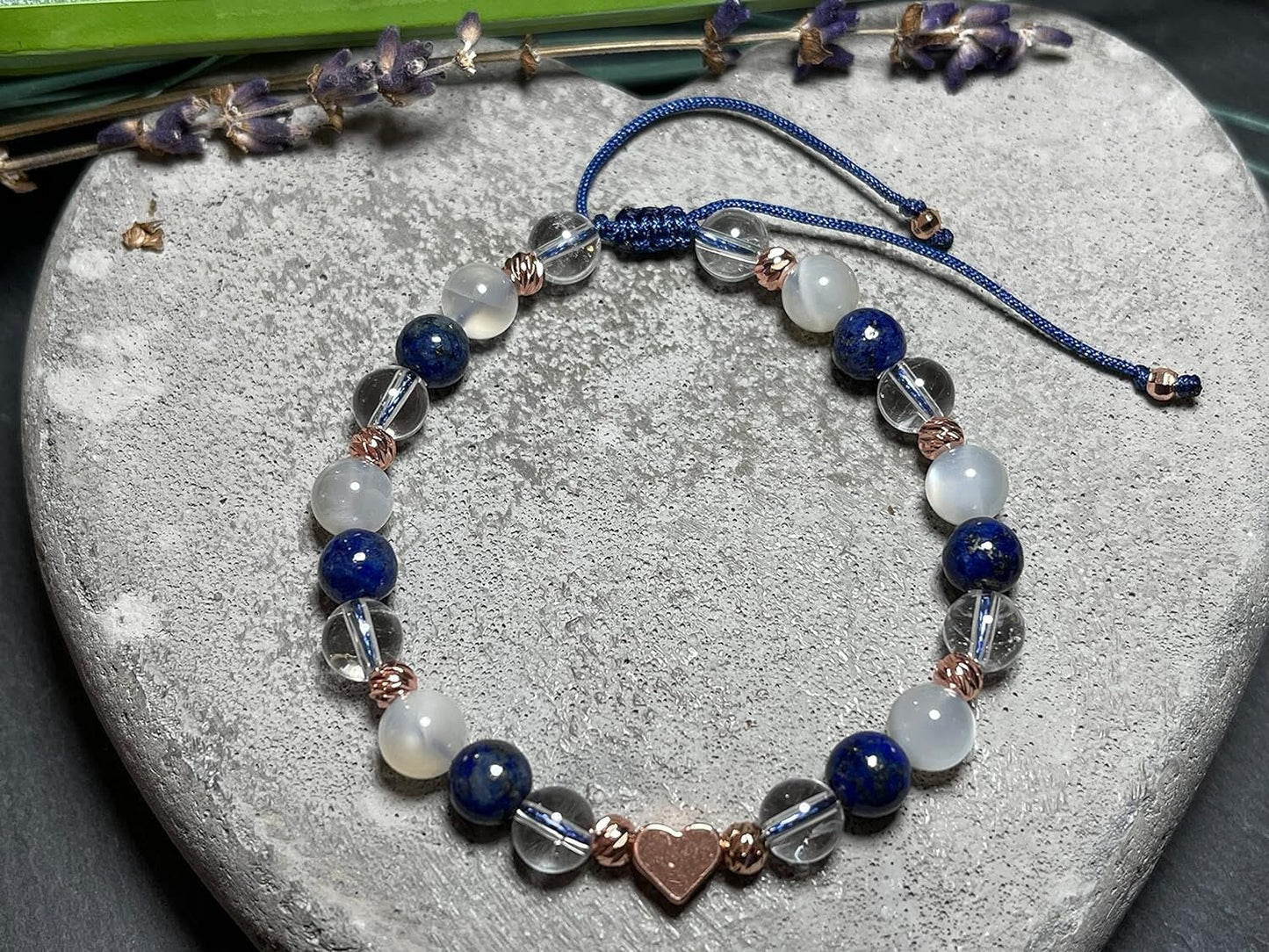 Armband Mondstein Bergkristall Lapislazuli Makramee Facettenperlen Roségold plated - spirituelles Perlenarmband innere Ruhe Stabilität