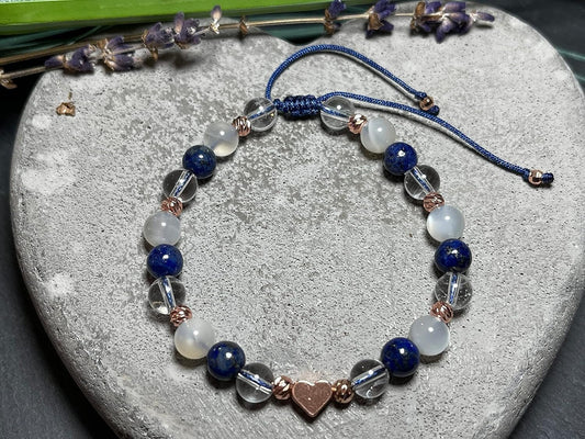 Armband Mondstein Bergkristall Lapislazuli Makramee Facettenperlen Roségold plated - spirituelles Perlenarmband innere Ruhe Stabilität