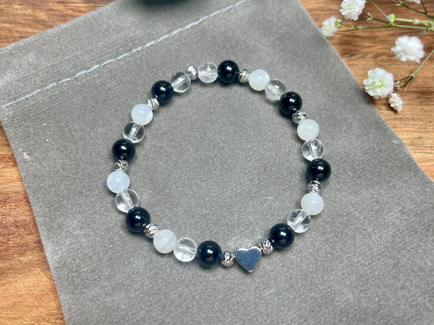 Armband Turmalin Bergkristall Mondstein Perlen echt platiniert - spirituelles Perlenarmband Schutz vor negativen Energien Klarheit
