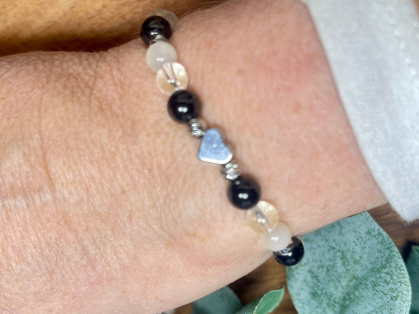 Armband Turmalin Bergkristall Mondstein Perlen echt platiniert - spirituelles Perlenarmband Schutz vor negativen Energien Klarheit