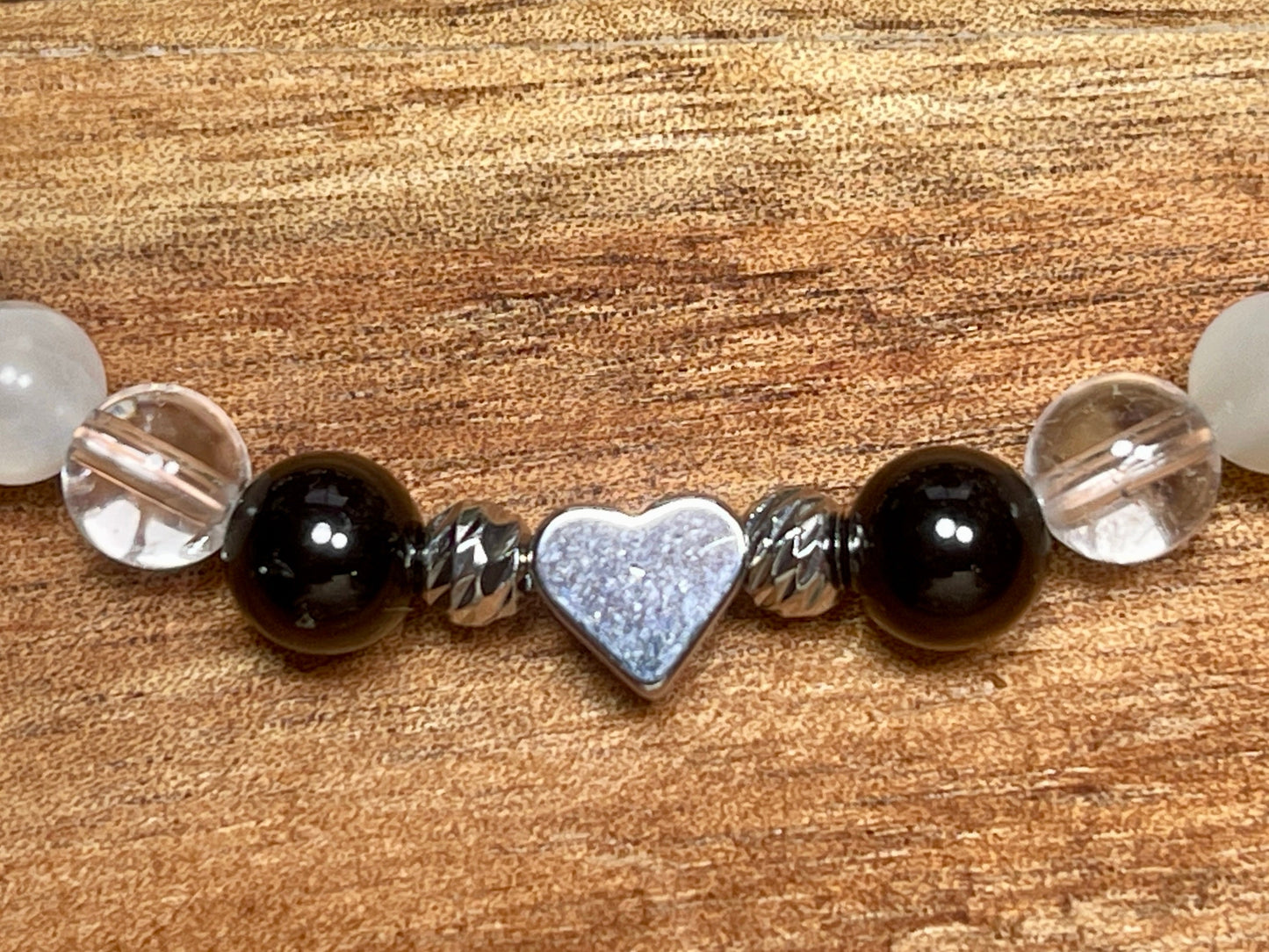 Armband Turmalin Bergkristall Mondstein Perlen echt platiniert - spirituelles Perlenarmband Schutz vor negativen Energien Klarheit