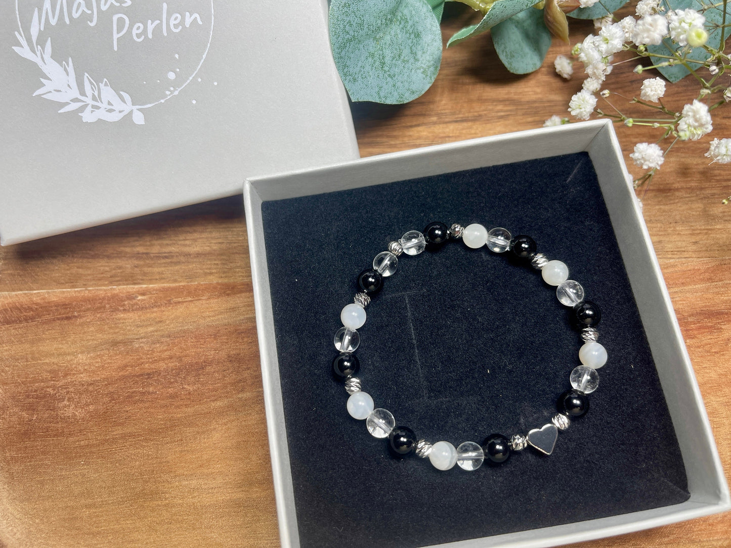 Armband Turmalin Bergkristall Mondstein Perlen echt platiniert - spirituelles Perlenarmband Schutz vor negativen Energien Klarheit