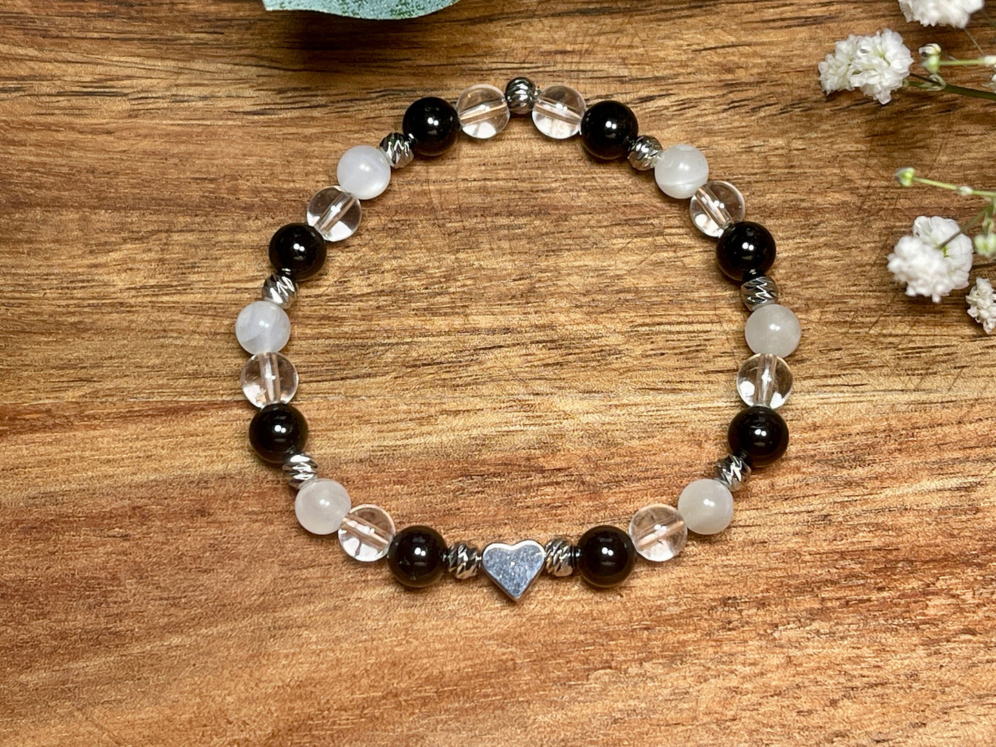 Armband Turmalin Bergkristall Mondstein Perlen echt platiniert - spirituelles Perlenarmband Schutz vor negativen Energien Klarheit
