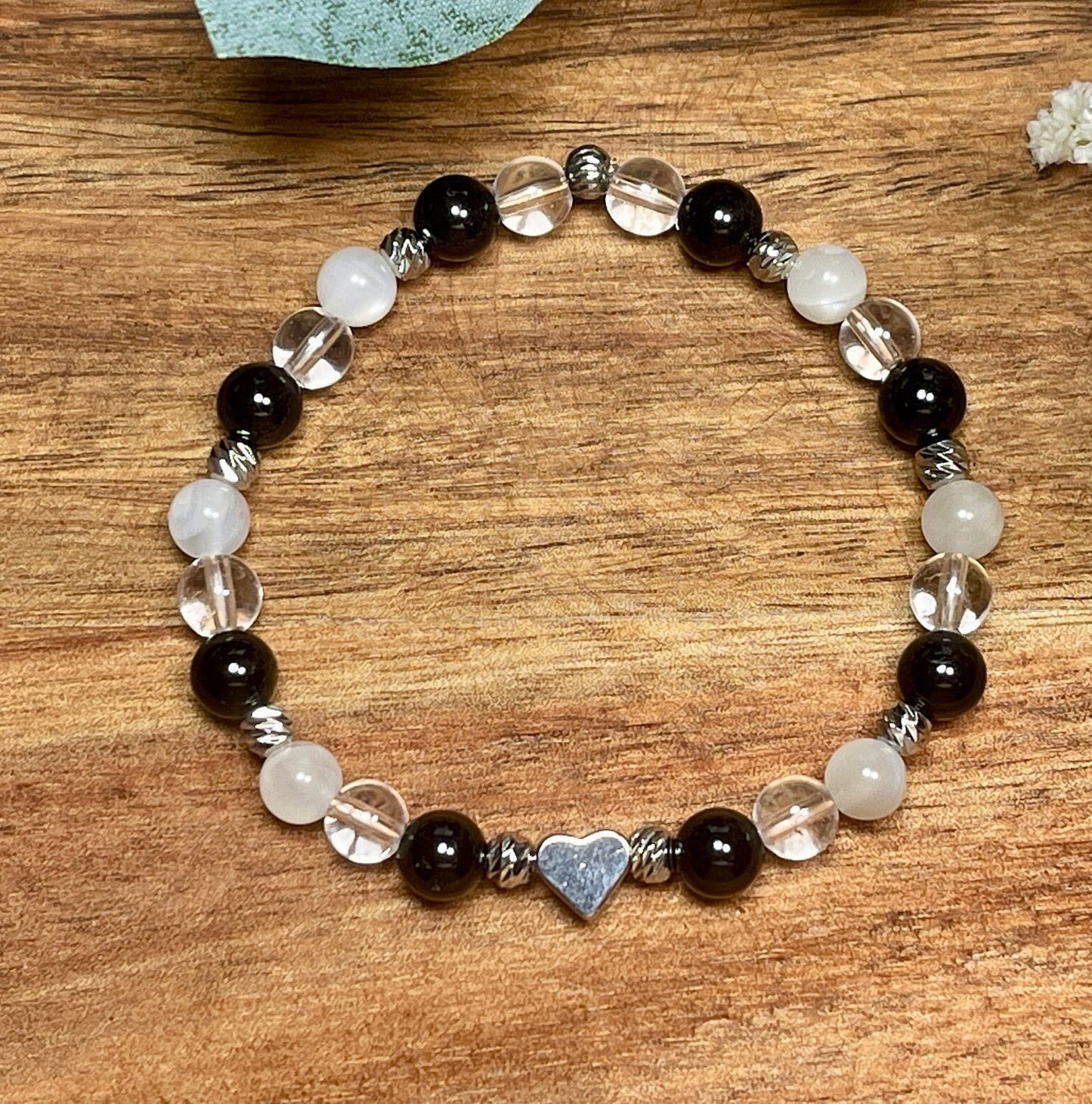 Armband Turmalin Bergkristall Mondstein Perlen echt platiniert - spirituelles Perlenarmband Schutz vor negativen Energien Klarheit