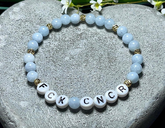 Armband Fuck Cancer Aquamarin Perlen Gold Vergoldet - Geschenk Aufmunterung Diagnose Krebs - viele Edelsteine - personalisierbar