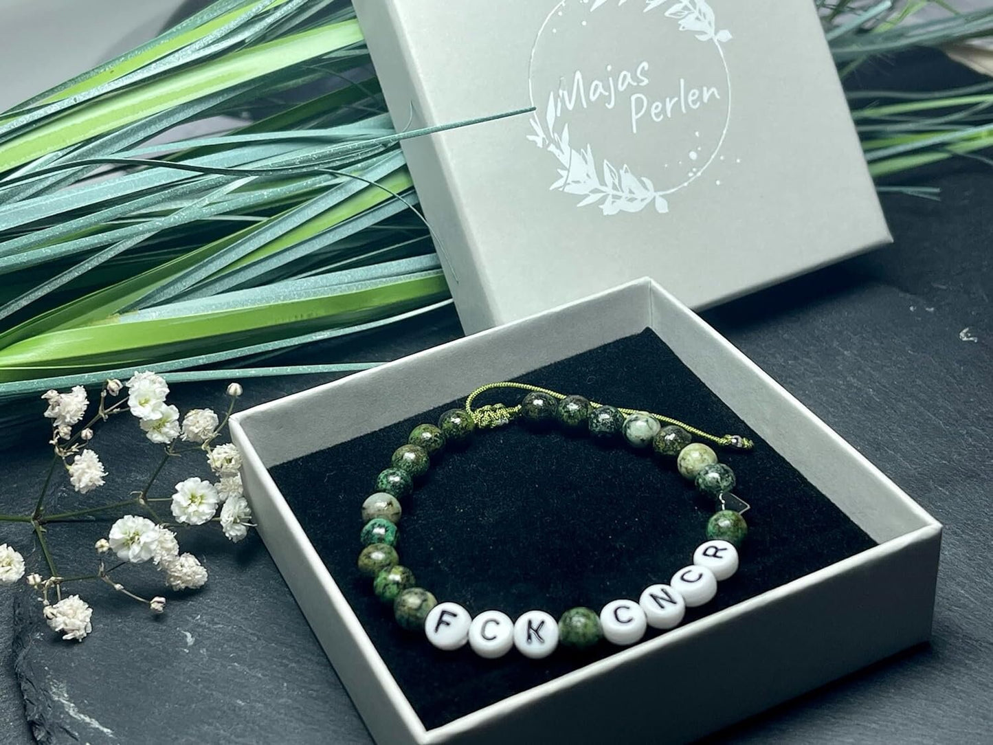 Armband Fuck Cancer Afrikanischer Türkis Makramee - Perlenarmband Armband Aufmunterung Genesung Brustkrebs Wunschedelstein