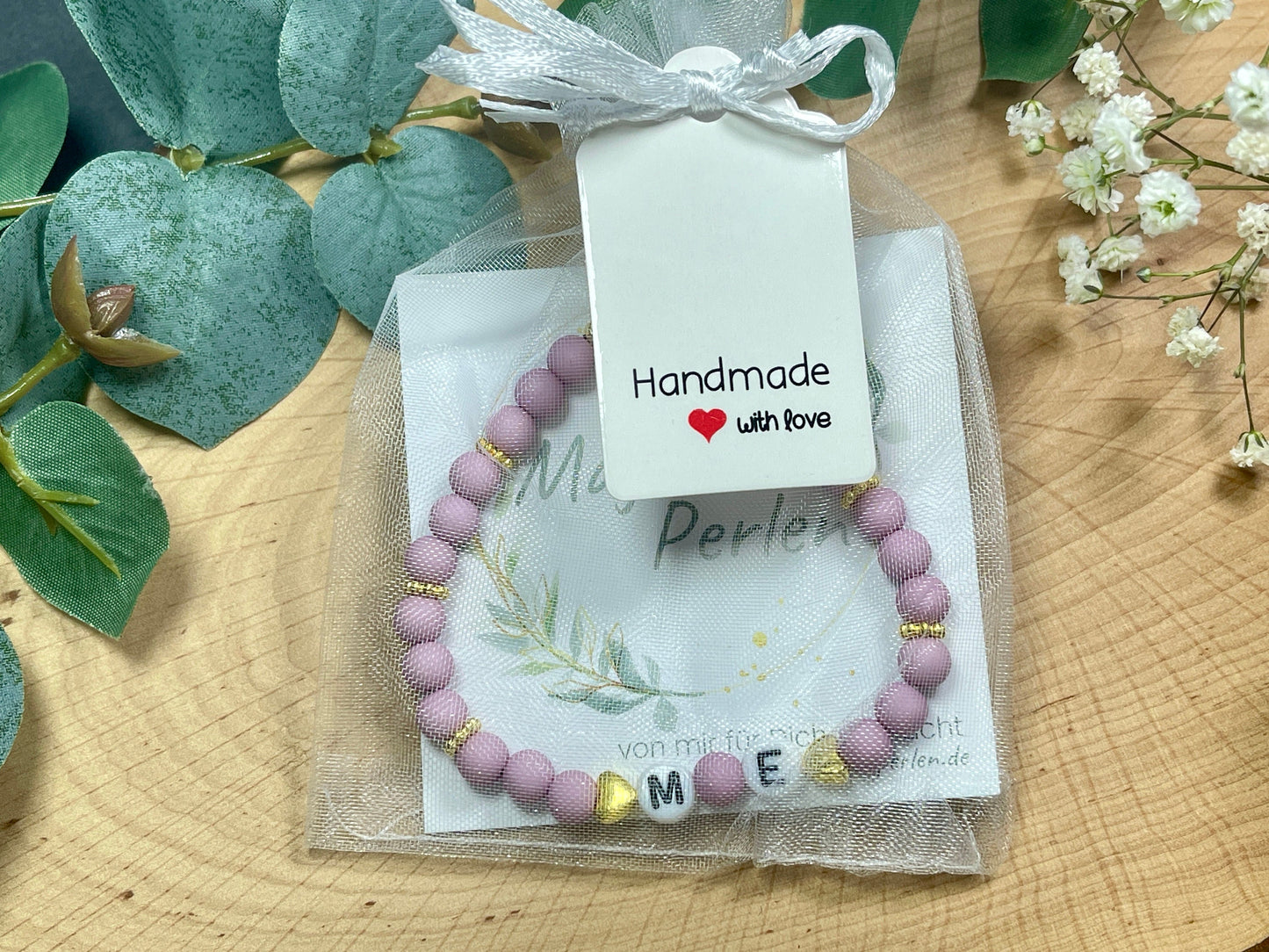 Armband mit Initialen Acryl Fliederrosa mit Gold - Geschenk Mama Freundschaft Kinderarmband personalisiert -  Wunschfarbe - viele Farben