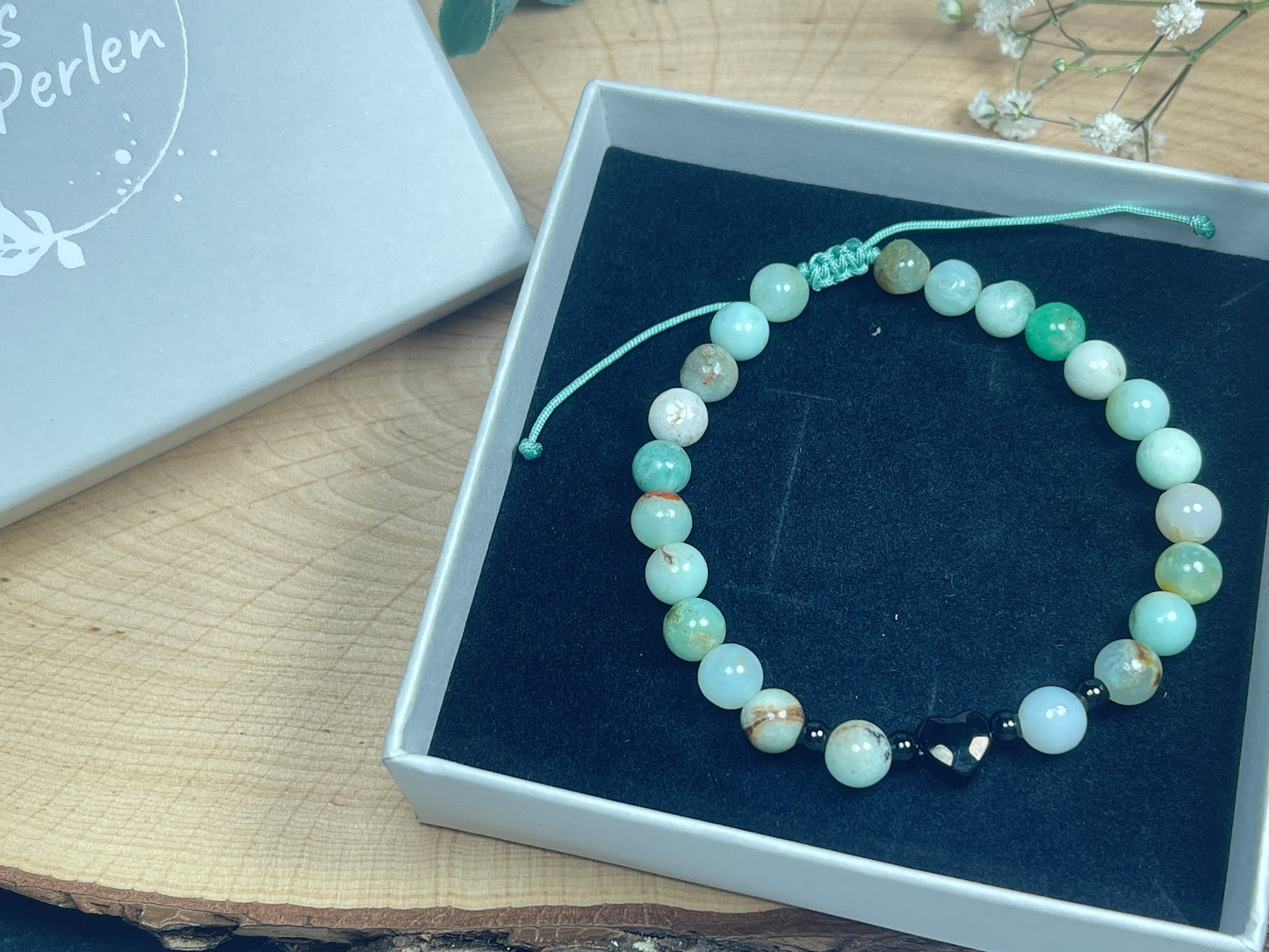 Armband Chrysopras Herz Edelstahl Ionisiert Makramee verstellbar - Perlenarmband Harmonie Vertrauen Geborgenheit- Spiritueller Schmuck