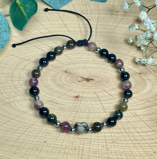 Armband Wassermelonen Turmalin Herz Edelstahl Makramee verstellbar - Perlenarmband Schutzstein- Spiritueller Schmuck - echte Natursteine