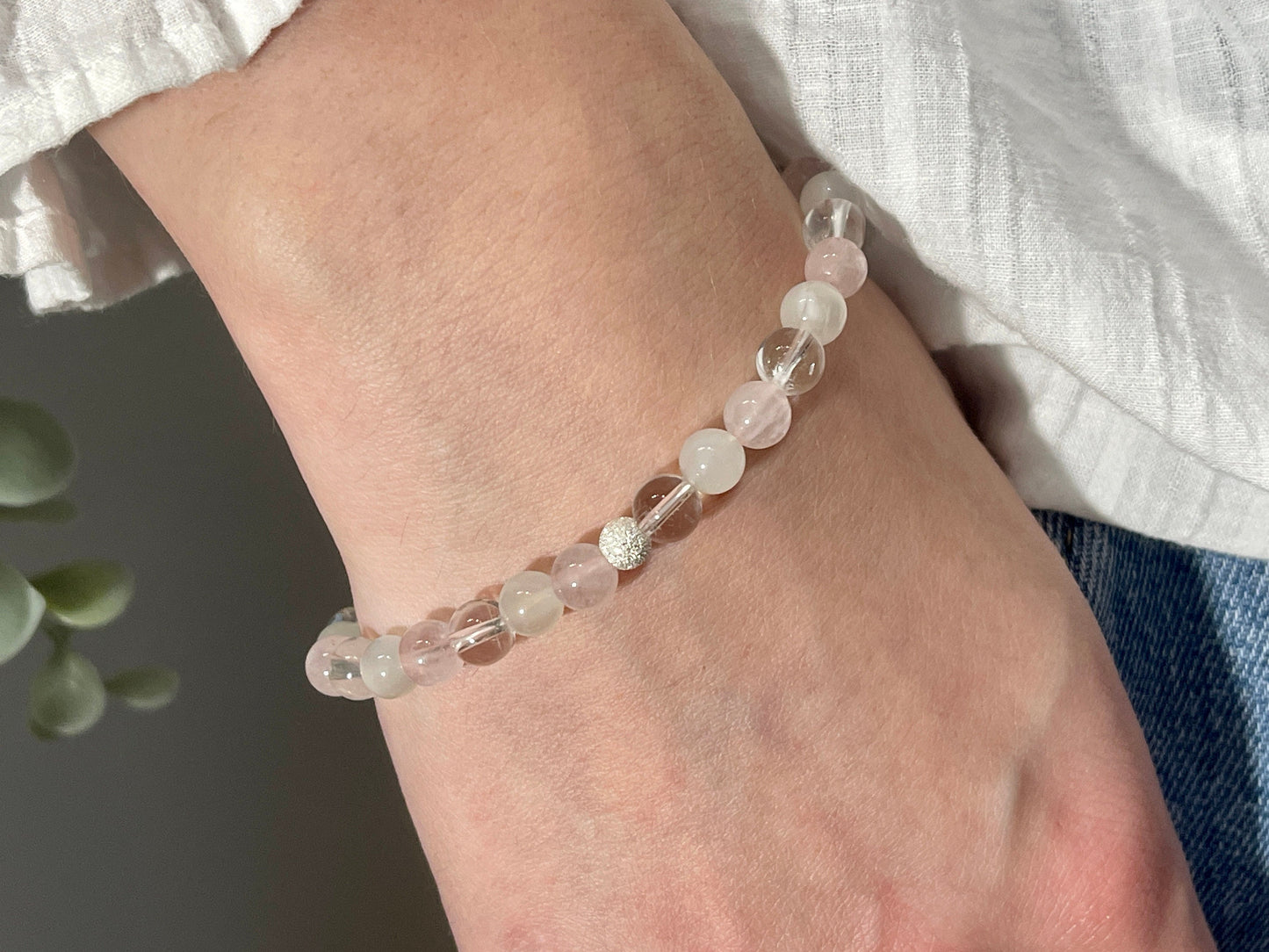 Armband Wechseljahre Mondstein Rosenquarz Bergkristall echt 6mm mit 925er Sterling Silber Gold Roségold 5mm facettiert - Handmade