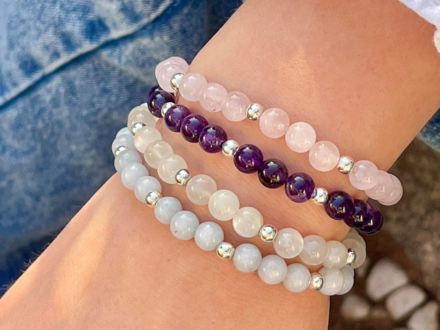 Amethyst Armband Perlen echt 6mm mit Edelstahlperlen 4mm Silber Gold Roségold spirituelles Perlenarmband Wahre Liebe Inspiration Energie