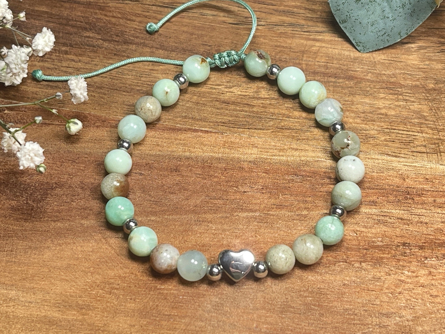 Armband Chrysopras Herz Edelstahl Silber Makramee verstellbar - Perlenarmband Harmonie Vertrauen Geborgenheit- Spiritueller Schmuck