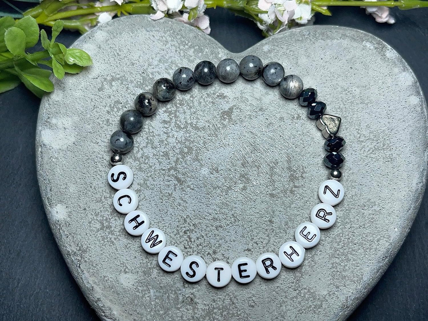 Armband Große Schwester Labradorit Herz platiniert - Geschenk Familie Geburt Geschwisterkind Little Sister Bruder - diverse Edeslsteine