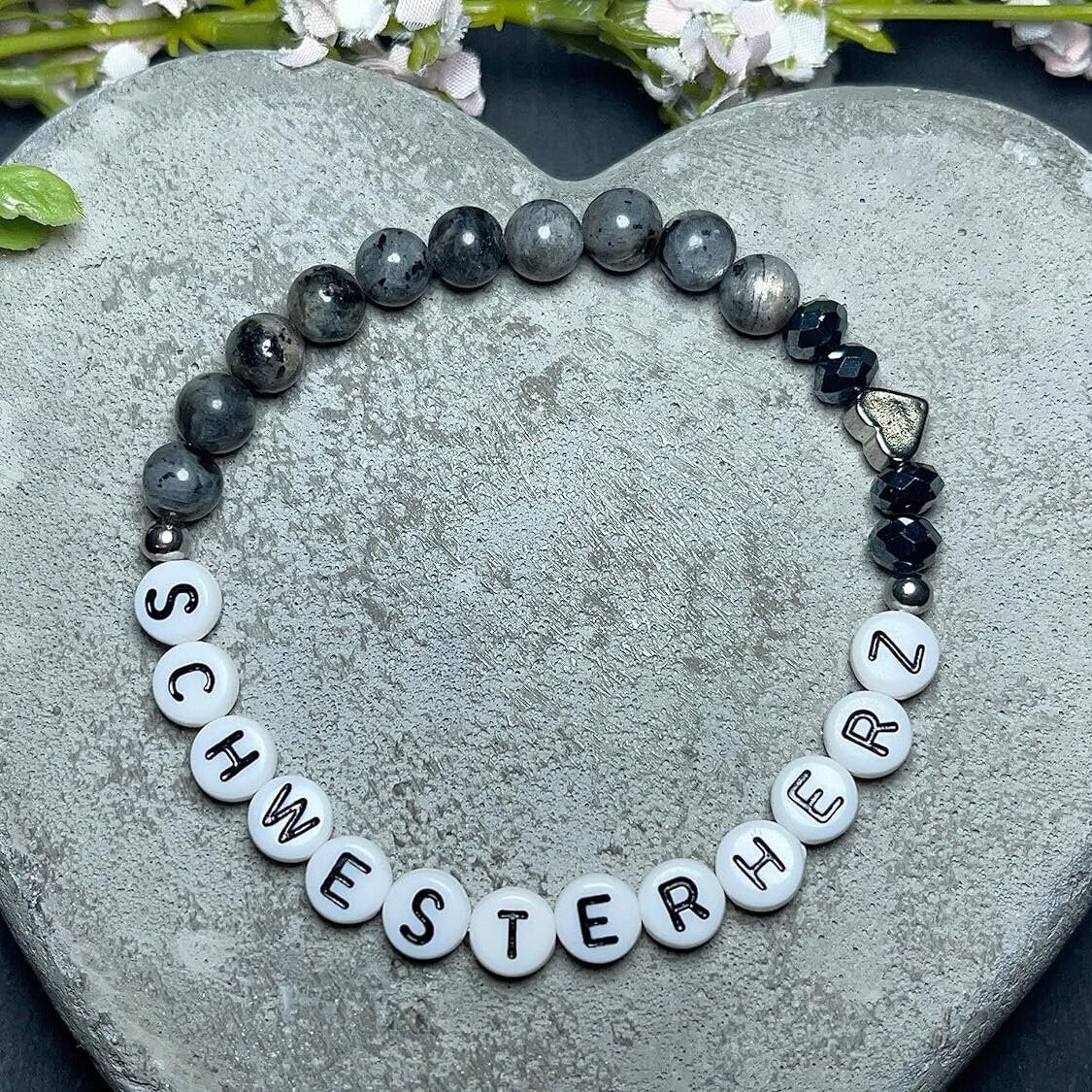 Armband Große Schwester Labradorit Herz platiniert - Geschenk Familie Geburt Geschwisterkind Little Sister Bruder - diverse Edeslsteine