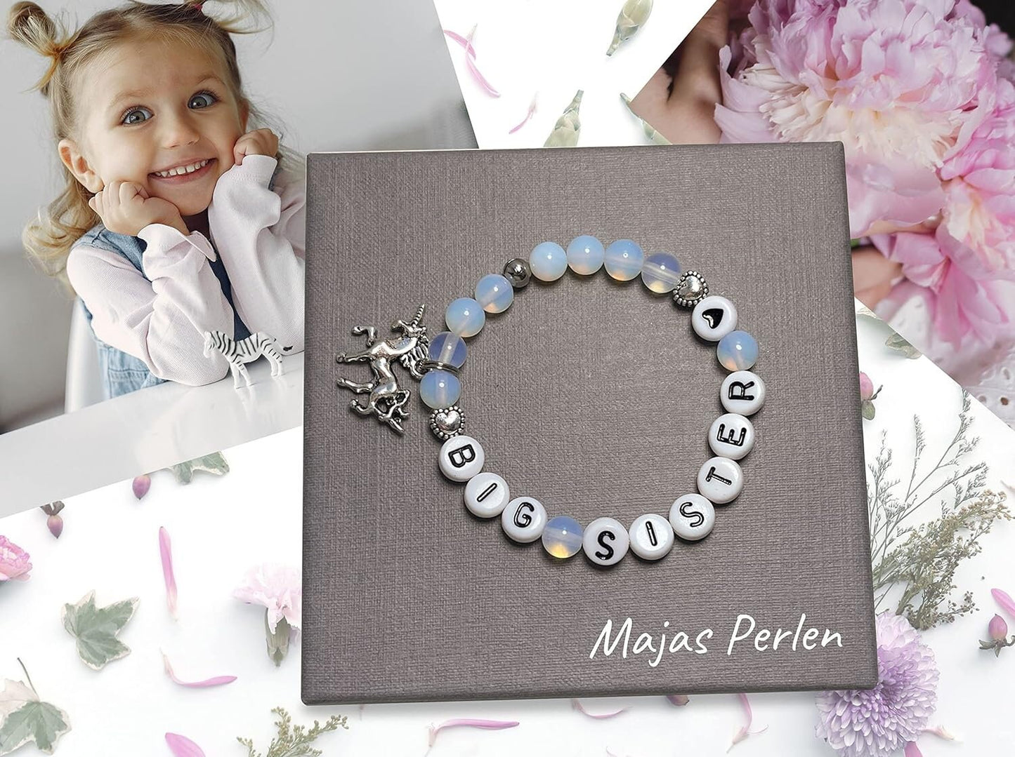 Armband Große Schwester Opal Herzen - Geschenk Familie Geburt Geschwisterkind Little Sister - diverse Edeslsteine