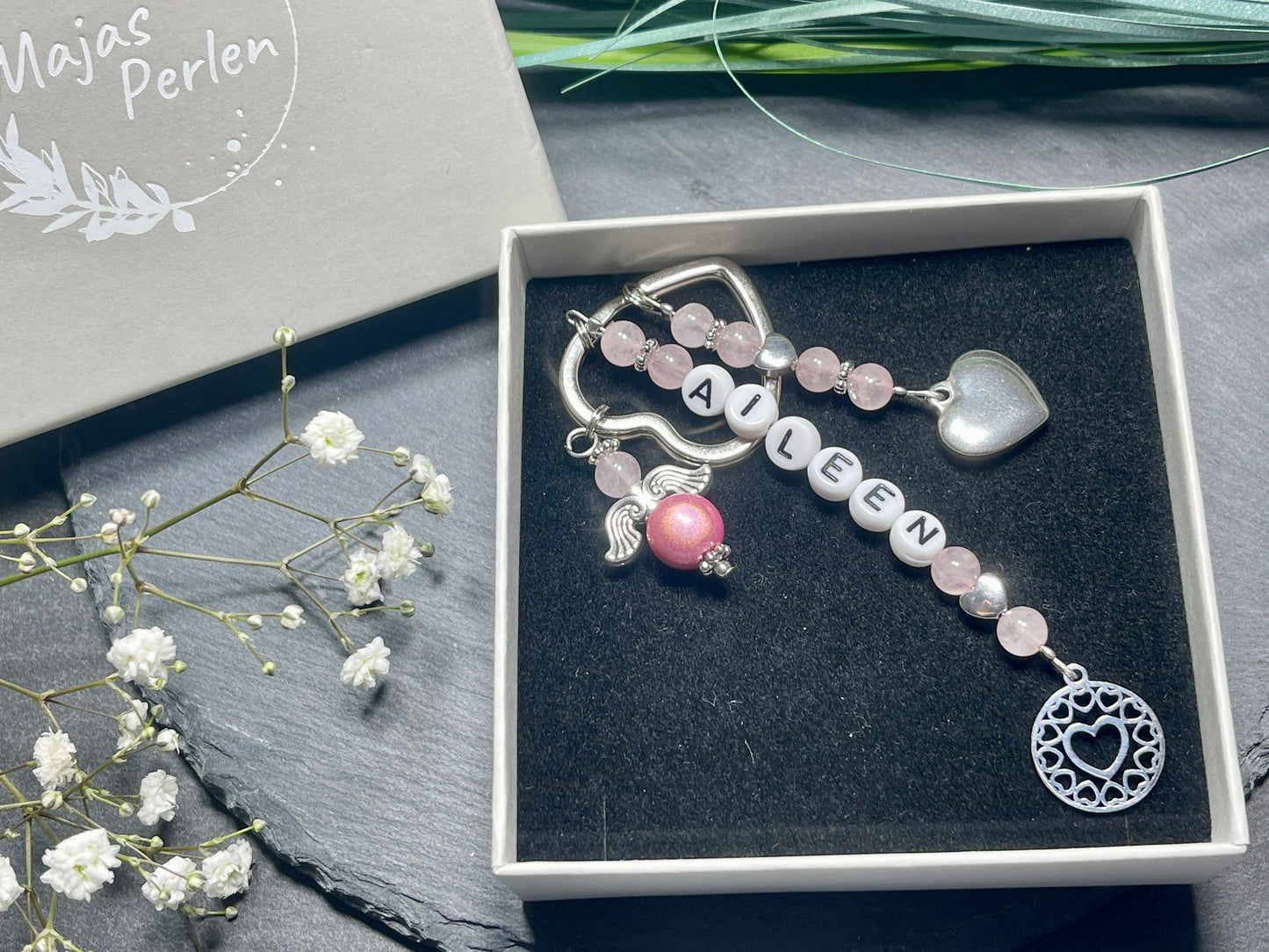 Schlüsselanhänger Rosenquarz mit bis 5 Namen Rosenquarz echt - Geschenk Mama Lieblingsmensch Liebe Geburt Freundin - verschiedene Edelsteine