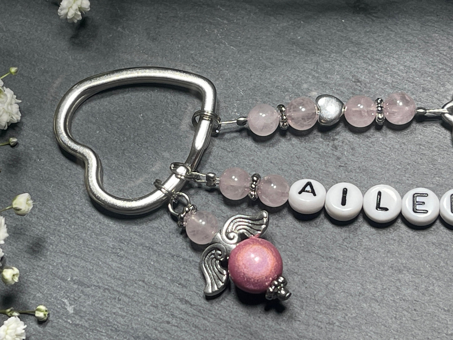 Schlüsselanhänger Rosenquarz mit bis 5 Namen Rosenquarz echt - Geschenk Mama Lieblingsmensch Liebe Geburt Freundin - verschiedene Edelsteine