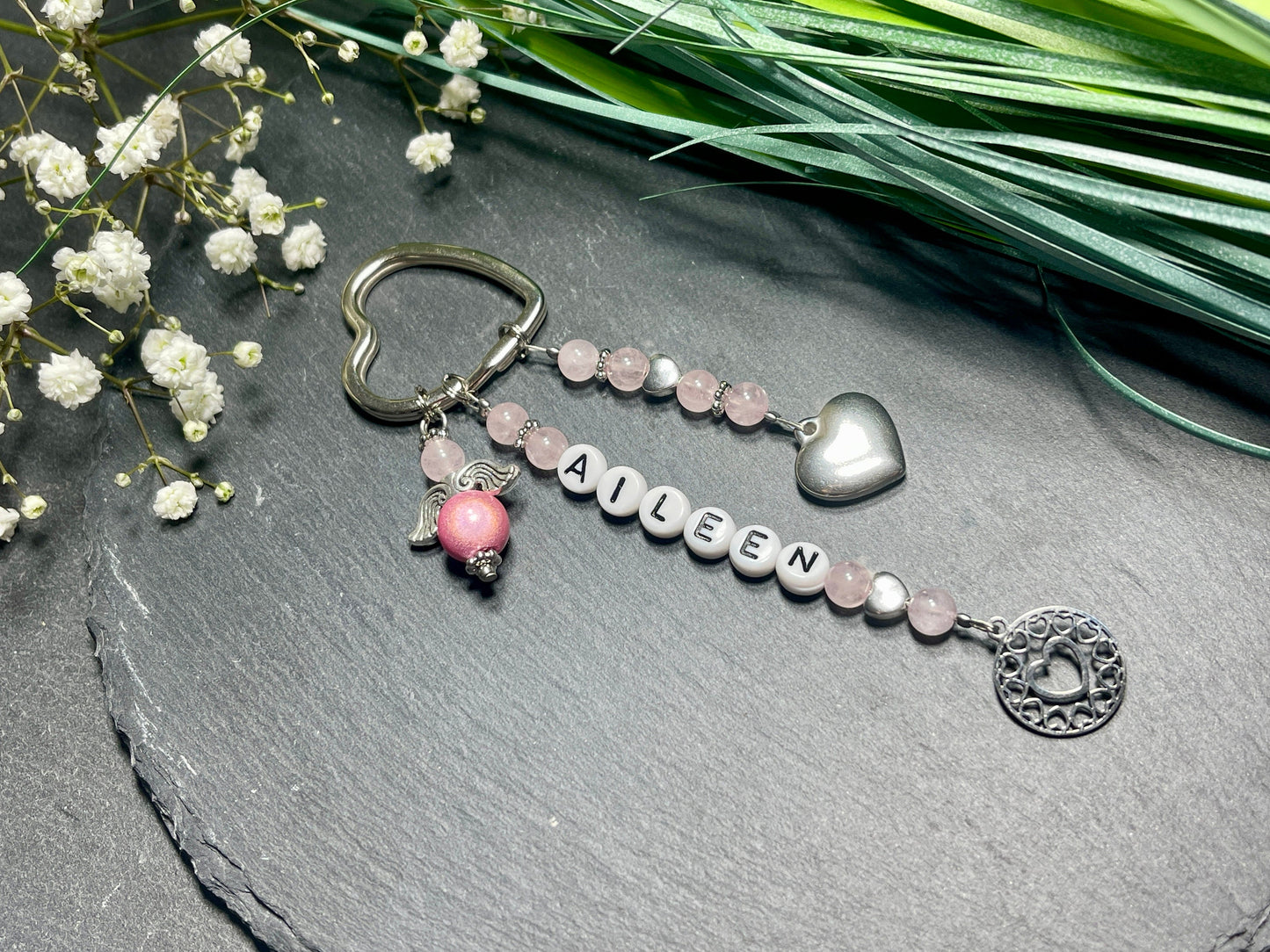 Schlüsselanhänger Rosenquarz mit bis 5 Namen Rosenquarz echt - Geschenk Mama Lieblingsmensch Liebe Geburt Freundin - verschiedene Edelsteine