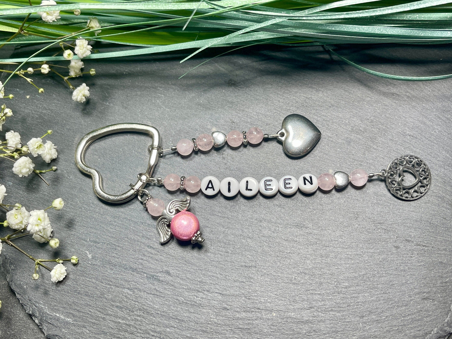 Schlüsselanhänger Rosenquarz mit bis 5 Namen Rosenquarz echt - Geschenk Mama Lieblingsmensch Liebe Geburt Freundin - verschiedene Edelsteine