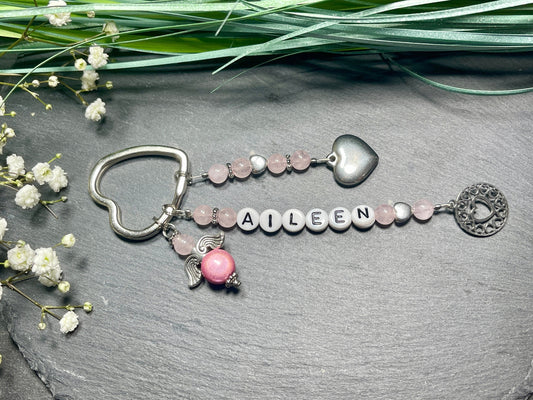 Schlüsselanhänger Rosenquarz mit bis 5 Namen Rosenquarz echt - Geschenk Mama Lieblingsmensch Liebe Geburt Freundin - verschiedene Edelsteine