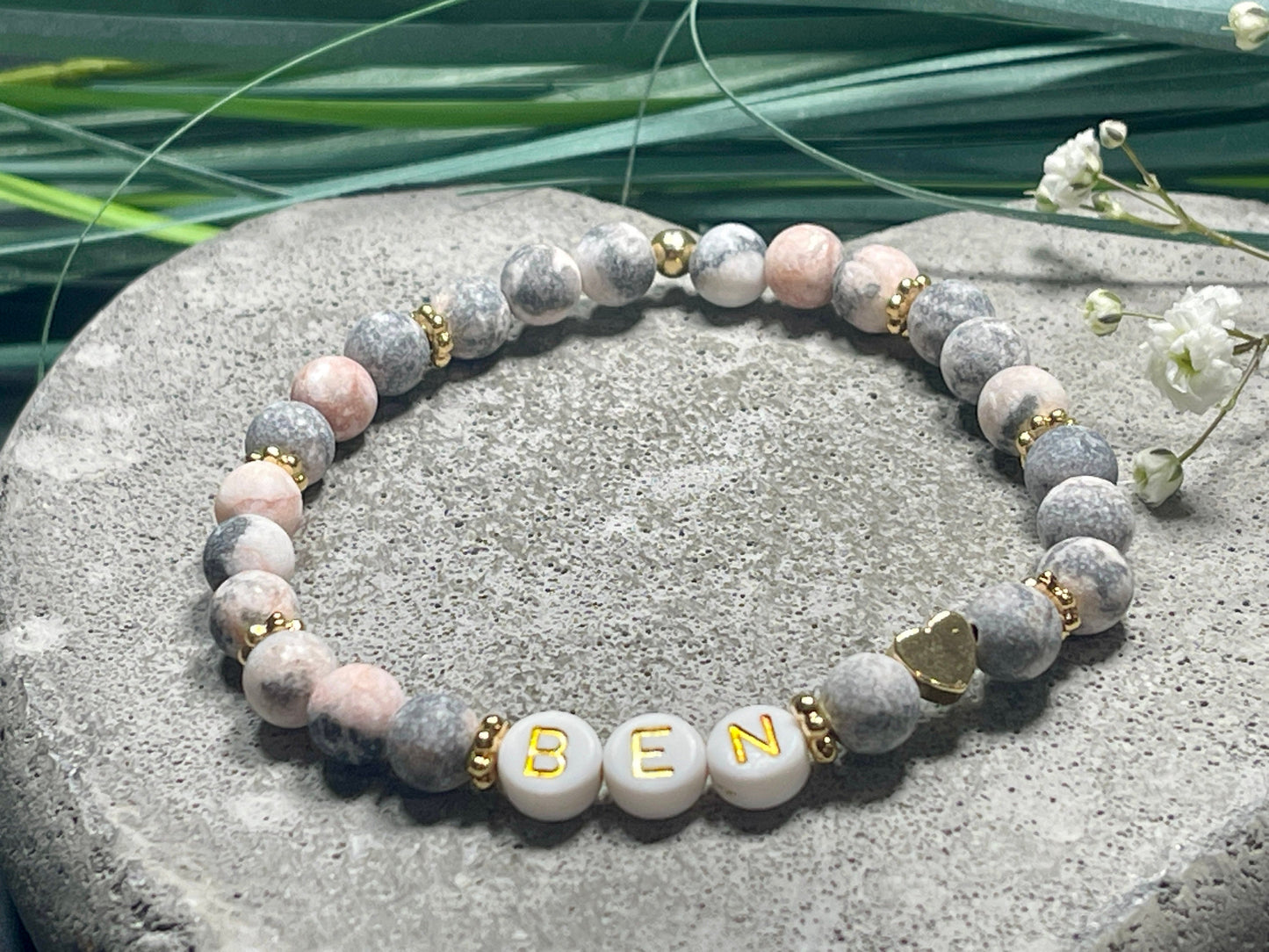 Armband Name Zebra Jaspis gold -  Herz echt Vergoldet - Geschenk Schwangerschaft Baby Geburt Mädchenarmband Lieblingsmensch Mama