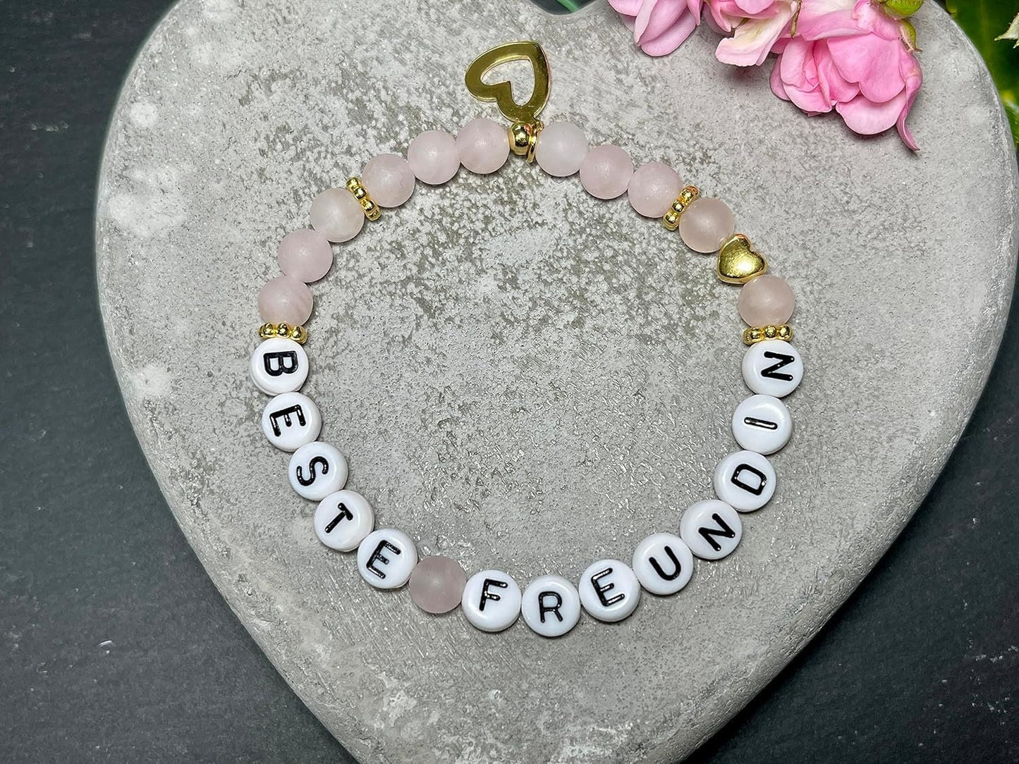 Armband Beste Freundin Rosenquarz - Herz DQ Gold - Perlenarmband Freundschaft Liebe Lieblingsmensch Mama Mädchenarmband - Wunsch Edelstein